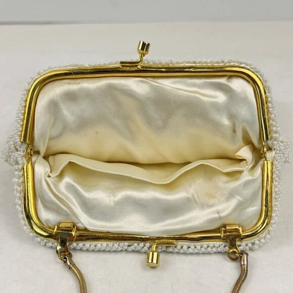Vintage Womens White Beaded Geometric Floral Evening Bag Small Clutch Purse HK - Picture 6 of 12